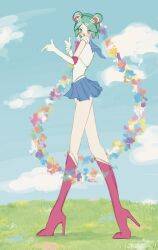 1other 666_axa absurdres aqua_eyes aqua_hair bishoujo_senshi_sailor_moon blue_sailor_collar blue_skirt boots bow bowtie cloud cloudy_sky commentary cosplay crossover day double_bun elbow_gloves from_side full_body gloves grass hair_bun high_heel_boots high_heels highres houseki_no_kuni knee_boots long_legs looking_afar open_mouth outdoors parody phosphophyllite pleated_skirt red_bow red_bowtie red_footwear sailor_collar sailor_moon sailor_moon_(cosplay) sailor_senshi_uniform scene_reference skirt sky standing tsuki_ni_kawatte_oshioki_yo white_gloves 