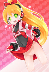  akihara_nakuru blonde_hair call_(mighty_no._9) call_f cleft_of_venus clothes_lift clothes_pull curtsey dress dress_lift dress_lifted_by_self dress_pull dutch_angle female female_focus fingerless_gloves flat_chest gloves green_eyes hair_ornament hair_ribbon headphones lifted_by_self long_hair mighty_no._9 navel no_panties partially_submerged ponytail pussy ribbon smile solo standing striped_sleeves uncensored vest wading 