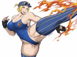  1girl blonde_hair blue_eyes blush breasts capcom cleavage final_fight final_fight_3 fingerless_gloves fire gloves gluteal_fold groin groin_tendon hat kicking large_breasts lucia_morgan medium_hair muscular muscular_female one-piece_swimsuit police police_uniform policewoman ponytail shibusun shiny_skin smile street_fighter street_fighter_v striped_clothes striped_thighhighs swimsuit thick_thighs thighhighs thighs uniform  rating:Questionable score:27 user:Jaggerjaques
