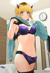  1girl :3 aqua_eyes aqua_shirt bed bedroom blonde_hair blush bra breasts ceiling_light cleavage clock clothes_lift commentary_request demon_horns door embroidered_bra highres horns indoors lifted_by_self lingerie long_sleeves looking_at_viewer medium_breasts mem-cho nail_polish navel oshi_no_ko shirt shirt_lift short_hair smile television tipii two-tone_bra two-tone_panties underwear undressing 