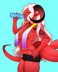  absurdres arm_tattoo colored_skin drinking_water earrings highres horns indie_virtual_youtuber jewelry melissa_belladonna red_skin sweat tail tattoo towel_over_breasts white_hair 