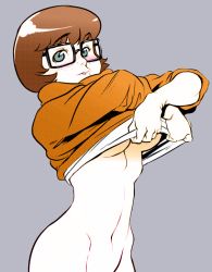  1girl bottomless breasts brown_hair cartoon_network clothes_lift colorized freckles glasses groin looking_at_viewer medium_breasts navel orange_shirt qiqo scooby-doo shirt shirt_lift short_hair sleeves_pushed_up solo underboob undressing velma_dace_dinkley  rating:Questionable score:287 user:danbooru