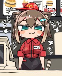  1girl :3 alternate_costume animal_ear_fluff animal_ears black_skirt breasts brown_hair cat_ears cat_girl cat_tail closed_mouth collared_shirt commentary_request employee_uniform fish_hair_ornament flat_cap fumino_tamaki green_eyes hair_between_eyes hair_ornament hat kanikama looking_at_viewer lowres mcdonald&#039;s medium_breasts name_tag nijisanji red_hat red_shirt shirt short_sleeves skirt solo striped_tail sweat tail tail_raised uniform virtual_youtuber  rating:Sensitive score:10 user:danbooru