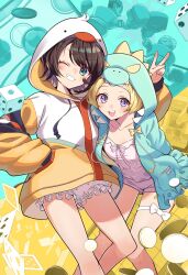  2girls arm_behind_back arms_behind_back bare_legs blonde_hair bloomers blue_eyes bow brown_hair camisole card card_background clenched_teeth collarbone commentary dice dinosaur_hood drawstring duck_hood feet_out_of_frame frilled_shorts frills grin highres hololive hood hoodie itaboon jacket leaning_forward light_blush long_sleeves looking_at_viewer loungewear medium_hair multicolored_background multiple_girls official_alternate_costume oozora_subaru oozora_subaru_(loungewear) open_mouth pocket polka_dot purple_eyes shorts smile symbol-only_commentary teeth thigh_bow tsunomaki_watame tsunomaki_watame_(loungewear) underwear upper_teeth_only v virtual_youtuber white_bloomers white_shorts yellow_bow 