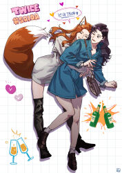  absurdres animal_ears bag beer_bottle black_footwear black_hair blue_shirt boots bracelet closed_eyes commentary cup dahyun_(twice) drinking_glass english_text fox_ears fox_girl fox_tail gracepago0314 handbag hands_on_another&#039;s_waist heart high_heel_boots high_heels highres hug hug_from_behind jewelry kemonomimi_mode korean_text long_hair long_sleeves one_eye_closed orange_hair real_life sana_(twice) shirt shoulder_bag simple_background sweater tail thigh_boots translation_request twice_(group) white_background white_sweater wine_glass yuri 