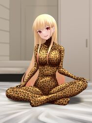  1girl :d absurdres animal_print bed blonde_hair bodysuit breasts commentary commentary_request commission ear_piercing earrings english_commentary full_body hands_on_own_knees highres indian_style j.c.14 jewelry kitagawa_marin leopard_print long_hair looking_at_viewer medium_breasts mixed-language_commentary open_mouth piercing pixiv_commission red_eyes sitting skin_tight smile solo sono_bisque_doll_wa_koi_wo_suru teeth upper_teeth_only zentai 
