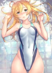  1girl abukuma_(kancolle) black_one-piece_swimsuit blonde_hair blue_eyes braid braided_bun breasts commentary_request commission competition_swimsuit covered_erect_nipples covered_navel double_bun gluteal_fold green_one-piece_swimsuit hair_between_eyes hair_bun highleg highleg_swimsuit kantai_collection long_hair lying multicolored_clothes multicolored_swimsuit on_back one-piece_swimsuit open_mouth outdoors paid_reward_available ryu-akt silver_one-piece_swimsuit skeb_commission small_breasts solo swimsuit tile_floor tiles twintails 