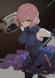  1girl absurdres armor armored_leotard black_gloves black_leotard black_thighhighs boobplate breastplate breasts closed_mouth commentary cowboy_shot elbow_gloves fate/grand_order fate_(series) galbi_(iouytuuyio) gloves grey_background hair_over_one_eye highres holding holding_shield leotard looking_at_viewer lord_camelot_(fate) mash_kyrielight medium_breasts one_eye_closed pink_hair purple_eyes serious shield short_hair simple_background solo sword thighhighs weapon 