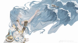  1girl 37_(reverse:1999) absurdres ancient_greek_clothes arm_up blue_eyes blue_hair bottle floating_hair frogggu from_side glass_bottle gold_choker greco-roman_clothes hand_up highres liquid_hair long_hair looking_up message_in_a_bottle profile reverse:1999 solo toga upper_body very_long_hair waves weibo_logo weibo_watermark white_background 