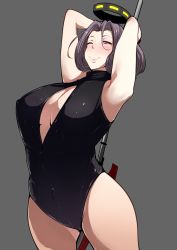  10s 1girl arms_up bad_id bad_pixiv_id blush breasts cleavage female_focus front_zipper_swimsuit grey_background hair_intakes halo highres ironblood kantai_collection large_breasts looking_at_viewer mechanical_halo meme_attire mole mole_under_eye one-piece_swimsuit one_eye_closed polearm purple_hair red_eyes short_hair simple_background smile solo swimsuit takato_kurosuke tatsuta_(kancolle) thighs weapon wink 