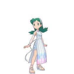  1girl alternate_color alternate_costume creatures_(company) dress feet game_freak green_eyes green_hair high_heel_sandals high_heels kris_(pokemon) kris_(sygna_suit)_(pokemon) multicolored_clothes multicolored_dress nintendo official_alternate_color official_alternate_costume official_alternate_hairstyle official_art pokemon pokemon_masters_ex posing_for_the_viewer sandals smile toes 