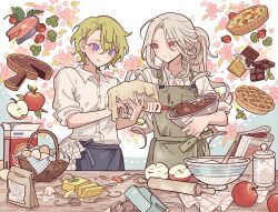  2boys apple apple_peel apron bad_id bad_pixiv_id basket book bowl broccoli butter cherry_tomato chocolate closed_mouth collared_shirt cooking cowboy_shot dirty dirty_clothes egg egg_(food) eggshell ensemble_stars! fish_(food) flower food fruit green_apron green_hair grey_hair hair_between_eyes highres holding holding_bowl holding_whisk jar long_hair male_focus meremero mixer_(cooking) multiple_boys pie pink_flower purple_eyes ran_nagisa red_apple red_eyes shirt short_hair smile standing table tomato tomoe_hiyori tongue tongue_out towel whisk white_shirt 