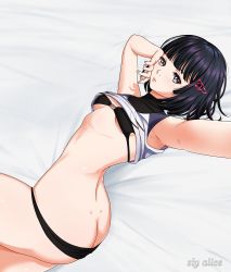  1girl aged_down ass back bare_back bed black_eyes black_hair black_panties blunt_bangs bra breasts clothes_pull collared_shirt dimples_of_venus flat_chest hair_ornament hairpin hand_on_own_face highres jewelry lin_lee_koo looking_at_viewer lying monado nintendo panties selfie shirt shirt_pull short_hair signature slyalice small_breasts solo striped_clothes striped_panties thighs underboob underwear wide_hips xeno_(series) xenoblade_chronicles_(series) xenoblade_chronicles_x  rating:Questionable score:25 user:matakanaight