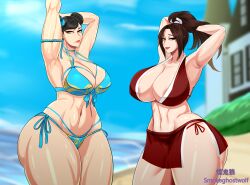  2girls areola_slip beach bikini breasts capcom chun-li cleavage crossover curvy fatal_fury highres huge_breasts large_breasts long_hair multiple_girls ocean ponytail shiranui_mai smokeghostwolf snk street_fighter swimsuit the_king_of_fighters thick_thighs thighs wide_hips  rating:Questionable score:27 user:jojosstand