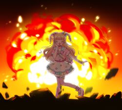  1girl :d backlighting blonde_hair blush bow closed_eyes debris dress explosion full_body hair_bow hair_ornament hand_on_own_cheek hand_on_own_face hand_up highres hoshikuzu_(pinkholic) idol_clothes idol_time_pripara long_hair open_mouth pink_dress pink_thighhighs pretty_series pripara rice_cooker ringlets shoes smile solo standing star_(symbol) star_hair_ornament takki_(pripara) thighhighs two_side_up yumekawa_yui 