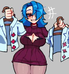  1girl alternate_costume blue_hair blush bra breasts casual cleavage_cutout clothes_hanger clothing_cutout cowboy_shot facing_viewer grey_background grin hair_down hair_over_one_eye large_breasts mercysstrap pantyhose raised_eyebrow red_eyes scar skullgirls smile solo sweater turtleneck turtleneck_sweater underwear valentine_(skullgirls)  rating:Sensitive score:6 user:HomeStruck