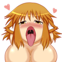 1girl animal_ears aruva blush breasts fangs female_focus heart open_mouth oral_invitation orange_hair simple_background solo tongue tongue_out upper_body uvula white_background yellow_eyes rating:Explicit score:8 user:Sanguine_Shadow