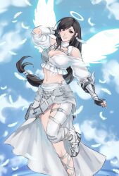  1girl angel_wings asymmetrical_clothes asymmetrical_legwear belt belt_buckle black_gloves black_hair blue_nails blue_sky breasts buckle chest_guard chest_harness cleavage cloud cloudy_sky commentary cropped_shirt earrings english_commentary falling_feathers feather_earrings feathered_wings feathers final_fantasy final_fantasy_vii final_fantasy_vii_ever_crisis fingerless_gloves foot_out_of_frame foot_up frilled_shirt frills gloves halo hand_up harness highres jewelry kivavis long_hair long_skirt looking_at_viewer low-tied_long_hair medium_breasts midriff nail_polish navel off-shoulder_shirt off_shoulder official_alternate_costume pants parted_lips red_eyes shirt side_slit single_earring single_pantsleg skirt sky smile solo standing standing_on_one_leg swept_bangs thigh_belt thigh_strap tifa_lockhart tifa_lockhart_(feather_style) very_long_hair white_feathers white_footwear white_pants white_shirt white_skirt wings 