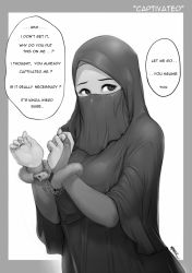  1girl 2017 bdsm border bridal_gauntlets facing_viewer fuzzy_handcuffs grey_border handcuffed highres hijab looking_at_viewer nigaw niqab outside_border simple_background solo speech_bubble tagme upper_body white_background 