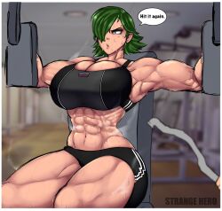  1girl 2020 abs armpits artist_name avis_(strangehero) breasts collarbone commentary day english_commentary english_text exercising exercise_machine feet_out_of_frame female_focus green_eyes green_hair gym gym_shorts hair_over_one_eye highres huge_breasts indoors muscular muscular_female navel original outstretched_arms parted_lips piercing puckered_lips serious short_hair shorts sitting solo speech_bubble sports_bra steaming_body strangehero sweat thick_thighs thighs wide_hips  rating:Questionable score:22 user:Itwyug3