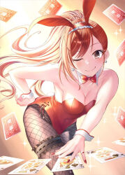  1girl ;) arisugawa_natsuha bare_shoulders black_pantyhose blush bow bowtie breasts bridal_garter card cleavage collarbone detached_collar fishnet_pantyhose fishnets highres idolmaster idolmaster_shiny_colors leotard long_hair looking_at_viewer medium_breasts one_eye_closed orange_hair pantyhose playboy_bunny playing_card ponntatta ponytail red_bow red_bowtie red_leotard smile solo strapless strapless_leotard very_long_hair wrist_cuffs 