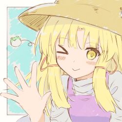  1girl blonde_hair blue_background blunt_bangs border brown_hat closed_mouth commentary_request hat highres long_sleeves moriya_suwako nazawa_(nother) one_eye_closed purple_vest shirt sidelocks simple_background smile touhou vest white_border white_shirt wide_sleeves yellow_eyes 