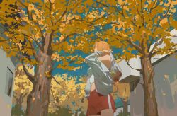  1girl absurdres arm_up autumn_leaves bag blonde_hair blue_sky breasts building candy carrying_over_shoulder chainsaw_man closed_eyes cowboy_shot crop_top food from_below fruit highres holding holding_bag horns jacket lollipop long_hair medium_breasts midriff mouth_hold navel null_(skev7724) off_shoulder outdoors plastic_bag power_(chainsaw_man) red_shorts shirt shorts sidelocks sky sleeveless sleeveless_shirt solo standing tree white_jacket white_shirt wide_shot 