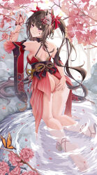  1girl :d against_wall anus ass backboob backless_dress backless_outfit barefoot blush bow branch breasts brown_hair bug butterfly censored cherry_blossoms day detached_sleeves dress falling_petals feet fox_mask full_body grin hair_bow hand_on_own_ass highres honkai:_star_rail honkai_(series) in_water insect kneepits long_hair looking_at_viewer looking_back mask mask_on_head median_furrow medium_breasts mosaic_censoring no_panties open_mouth outdoors petals pink_eyes pussy red_bow red_dress red_sleeves ruby_(pixiv_26146178) short_dress short_sleeves sidelocks sleeveless sleeveless_dress smile soles solo sparkle_(honkai:_star_rail) spread_pussy thick_thighs thigh_gap thighs toes twintails water 