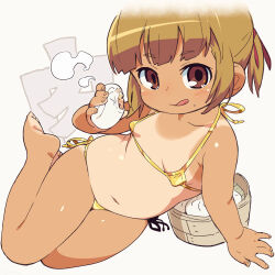  1girl bamboo_steamer baozi barefoot bikini blush breasts closed_mouth commentary_request female_focus food food_on_face gold_bikini holding holding_food loli looking_at_viewer lying marui_mitsuba medium_hair micro_bikini mitsudomoe navel om_(nk2007) on_side short_twintails small_breasts smile solo steam swimsuit tan tanline tongue tongue_out twintails 