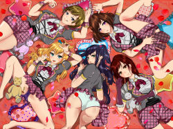  5girls ass blonde_hair blue_eyes blue_hair blush breasts brown_eyes brown_hair female_focus gloves green_eyes hair_ornament happy highres huge_breasts kimino_yume_(artist) large_breasts licking licking_lips long_hair lying multiple_girls naughty_face on_back open_mouth original panties pillow pink_eyes plaid plaid_skirt purple_panties red_hair ribbon short_hair skirt smile spread_legs stuffed_animal stuffed_toy teeth tongue tongue_out top-down_bottom-up twintails underwear white_panties 