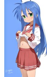  1girl :3 ahoge artist_name blue_background blue_hair clothes_lift commentary_request cowboy_shot green_eyes highres izumi_konata jitome long_hair long_sleeves looking_at_viewer lucky_star nagare_(flow) navel neckerchief pleated_skirt red_neckerchief red_skirt shirt_lift simple_background skirt solo standing twitter_username very_long_hair white_background  rating:Sensitive score:47 user:danbooru