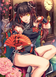 1girl black_hair breasts china_dress chinese_clothes clock clock_eyes commentary_request date_a_live double_bun dress flower folding_fan hair_bun hand_fan heterochromia highres holding holding_fan indoors large_breasts long_hair looking_at_viewer monety open_mouth red_eyes sitting smile solo symbol-shaped_pupils thighs tokisaki_kurumi yellow_eyes rating:Questionable score:38 user:danbooru