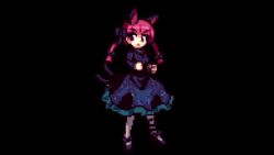  1girl animal_ears animated animated_gif braid cat_ears cat_tail dress full_body hopeless_masquerade kaenbyou_rin multiple_tails pixel_art red_eyes red_hair smile solo tail thighhighs touhou transparent_background twin_braids two_tails 
