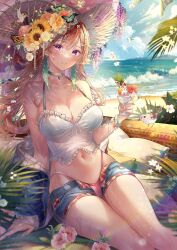  1girl armlet bare_shoulders beach beach_umbrella belly bikini bird blouse blue_sky blush bracelet breasts cleavage cloud cocktail cocktail_glass collarbone commentary covered_erect_nipples cup curvy day drinking_glass flower hair_flower hair_ornament hat highres hololive hololive_english jacket jewelry large_breasts legs lens_flare long_hair looking_at_viewer miyu_(miyulein) navel ocean open_clothes open_jacket open_mouth outdoors palm_tree panties pants pillow sand self-upload shirt sitting sky smile solo stomach straw_hat summer sun sunlight swimsuit takanashi_kiara takanashi_kiara_(casual) thick_thighs thighs tree umbrella underwear virtual_youtuber water white_shirt 
