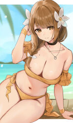  1girl alternate_costume bare_arms bare_shoulders beach bikini black_choker breasts brown_eyes brown_hair choker closed_mouth collarbone fire_emblem fire_emblem_engage flower goldmary_(fire_emblem) hair_flower hair_ornament haru_(nakajou-28) highres jewelry large_breasts leaning_to_the_side looking_at_viewer mole mole_on_breast navel nintendo ocean off-shoulder_bikini off_shoulder outdoors pendant sitting smile solo stomach swimsuit thighs yellow_bikini  rating:Sensitive score:14 user:danbooru
