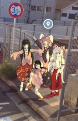  4girls ;d backpack bag black_hair commentary double_v english_commentary fujiwara_no_mokou full_body google_street_view high_school_girls_posing_for_google_street_view_(meme) highres houraisan_kaguya inaba_tewi long_hair looking_at_viewer meme multiple_girls no_hair_bow one_eye_closed open_mouth outdoors outstretched_arm pants purple_hair red_eyes red_footwear red_pants red_skirt reisen_udongein_inaba road_sign sazzuno shirt sidelocks sign skirt smile standing standing_on_one_leg touhou v white_hair white_shirt 