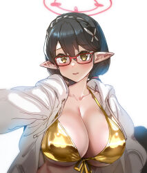  1girl absurdres alternate_breast_size alternate_costume ayane_(blue_archive) bikini black_hair blue_archive bow_(bhp) braid breasts collarbone glasses gold_bikini hair_ornament halo highres large_breasts long_sleeves looking_at_viewer open_clothes open_shirt red-framed_eyewear red_halo selfie shirt short_hair simple_background smile solo swimsuit upper_body white_background white_shirt 