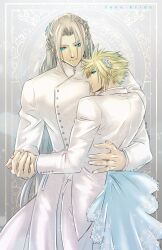  2boys aiz00 alternate_costume alternate_hairstyle aqua_eyes blonde_hair blue_flower cloud_strife commentary couple english_commentary english_text final_fantasy final_fantasy_vii flower formal grey_hair hair_flower hair_ornament half_updo hand_on_another&#039;s_back high_collar highres holding_hands hug jacket jewelry light_smile long_hair looking_back male_focus multiple_boys pants parted_bangs ring sephiroth short_hair slit_pupils spiked_hair suit upper_body very_long_hair wedding wedding_ring wedding_suit white_flower white_jacket white_pants white_suit yaoi 