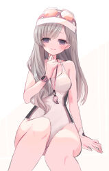  1girl absurdres arm_support bare_legs blush breasts collarbone competition_swimsuit feet_out_of_frame goggles goggles_on_head grey_hair highres idolmaster idolmaster_shiny_colors invisible_chair kasasabi_(fixakaraka) long_hair looking_at_viewer medium_breasts one-piece_swimsuit purple_eyes sitting smile solo straight_hair swim_goggles swimsuit very_long_hair watch whistle whistle_around_neck white_one-piece_swimsuit wristwatch yukoku_kiriko 