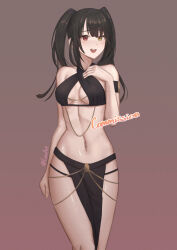  1girl :d absurdres alternate_costume black_hair breasts brown_background commission cowboy_shot dancer date_a_live harem_outfit heterochromia highres lesu medium_breasts navel open_mouth pelvic_curtain red_eyes simple_background smile solo stomach tokisaki_kurumi yellow_eyes yomorio_lingerie 