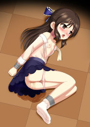  1girl absurdres arms_behind_back asphyxiation blush bound bound_ankles bound_arms bound_legs bound_wrists bruise clenched_hands crying crying_with_eyes_open empty_eyes female_focus flat_chest full_body hair_ornament hair_ribbon highres idolmaster idolmaster_cinderella_girls injury legs_together loli long_hair lying on_floor on_side open_mouth panties peeing restrained ribbon school_uniform solo tachibana_arisu tagme tape tears tongue tongue_out underwear wet wet_clothes wet_panties yanderenohako_(artist) 