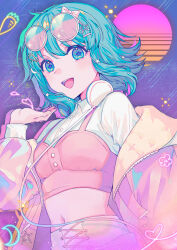 1girl absurdres ahoge aqua_eyes aqua_hair arm_at_side blue_background bow breasts buttons collared_shirt cross-laced_clothes cross-laced_shorts digital_stars_gumi digital_stars_gumi_(2021) eyewear_on_head glasses gradient_background gumi hair_ornament hairclip halftone hand_up headphones headphones_around_neck highres jacket jacket_partially_removed long_sleeves looking_at_viewer medium_hair midriff navel open_clothes open_jacket open_mouth pink_bow pink_jacket purple_background round_eyewear shirt shorts small_breasts smile solo star-shaped_pupils star_(symbol) star_hair_ornament sunoom09 symbol-shaped_pupils teeth upper_body upper_teeth_only vaporwave vocaloid white_headphones white_shirt white_shorts