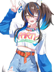  1girl animal_ears arm_at_side arm_up bead_necklace beads belt blue_hair blush breasts brown_hair colored_inner_hair commentary_request cowboy_shot cropped_shirt daitaku_helios_(umamusume) denim denim_shorts ear_covers fang ha_(hura76752775) hair_ornament hairclip horse_ears horse_girl horse_tail jewelry long_hair long_sleeves looking_at_viewer midriff multicolored_hair necklace one_eye_closed open_mouth shirt shorts side_ponytail simple_background small_breasts solo tail torn_clothes torn_shorts two-tone_hair umamusume w white_background white_shirt yellow_eyes 