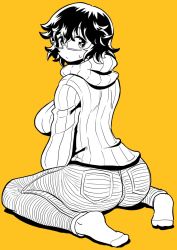  1girl alternate_hair_length alternate_hairstyle ass breasts denim flat_color freckles from_behind full_body glasses high_contrast jeans large_breasts looking_back matsuda_yuusuke messy_hair monochrome no_shoes pants semi-rimless_eyewear short_hair sitting socks solo sweatdrop sweater turtleneck turtleneck_sweater under-rim_eyewear wariza yellow_background yonezawa_natsumi yuusha_to_maou 