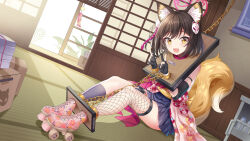  1girl :d absurdres animal_ear_fluff animal_ears black_gloves blue_archive bound bound_ankles bound_wrists box brown_hair cardboard_box chain commentary_request cuffs double_v fishnet_thighhighs fishnets fox_tail gloves highres indoors izuna_(blue_archive) looking_at_viewer ninja okazakileo open_mouth partially_fingerless_gloves roller_skates shackles short_hair single_sock single_thighhigh sitting skates smile socks solo stocks tail thighhighs tied_up_(nonsexual) v wind_chime yellow_eyes yoke  rating:General score:8 user:danbooru