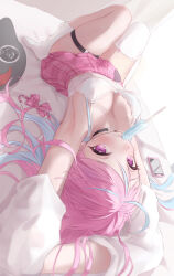  1girl absurdres ahoge animal_ear_legwear armpits arms_up bed blue_bra blue_hair bow bowtie bra bra_strap breasts camisole cat_ear_legwear cellphone choker colored_inner_hair downblouse food food_in_mouth highres hololive kmdr_04 knees_up lace-trimmed_camisole lace_trim light_blue_hair long_hair looking_at_viewer lying medium_breasts minato_aqua minato_aqua_(school_uniform) miniskirt mouth_hold multicolored_hair neko_(minato_aqua) o-ring o-ring_choker official_alternate_costume on_back on_bed open_clothes open_shirt phone pink_bow pink_bowtie pink_hair pink_skirt plaid plaid_bow plaid_bowtie plaid_skirt pleated_skirt popsicle popsicle_in_mouth shirt skindentation skirt smartphone solo streaked_hair thigh_strap thighhighs thighs two-tone_hair underwear undressing upside-down very_long_hair virtual_youtuber white_camisole white_shirt white_thighhighs 