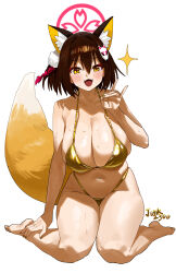  1girl absurdres alternate_breast_size alternate_costume animal_ears barefoot bikini blue_archive breasts brown_hair cleavage collarbone fangs feipin_zhanshi fox_ears fox_girl fox_hair_ornament fox_shadow_puppet fox_tail gold_bikini halo highres huge_breasts izuna_(blue_archive) looking_at_viewer open_mouth red_halo simple_background smile solo sweat swimsuit tail thighs toes white_background yellow_eyes  rating:Sensitive score:25 user:danbooru