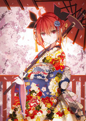 1girl ahoge black_ribbon braid cherry_blossoms commentary_request date_a_live floral_print flower hair_between_eyes hair_ribbon highres holding holding_umbrella itsuka_kotori japanese_clothes kimono long_sleeves looking_at_viewer obi oil-paper_umbrella petals pink_flower print_kimono red_eyes red_hair red_umbrella ribbon sash senya_fuurin sidelocks solo umbrella wide_sleeves yagasuri rating:Sensitive score:7 user:danbooru
