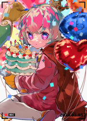  2boys absurdres androgynous balloon brown_gloves candle cape character_cookie cherry confetti eyelashes food fruit gloves happy_birthday heart_balloon highres kneeling looking_at_viewer merumerumerume multiple_boys ocean_prince otomo_(puyopuyo) out_of_frame parted_lips pink_hair purple_eyes puyo_(puyopuyo) puyopuyo puyopuyo_fever red_cape salde_canarl_shellbrick_iii thighhighs white_thighhighs yellow_gloves 