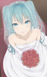  1girl aqua_eyes aqua_hair bad_id bad_pixiv_id bare_shoulders bouquet bridal_veil dress elbow_gloves flower from_above gloves hatsune_miku heisei_yutorin jewelry lips long_hair looking_up necklace red_flower red_rose rose shroud smile solo strapless strapless_dress veil vocaloid wedding_dress 